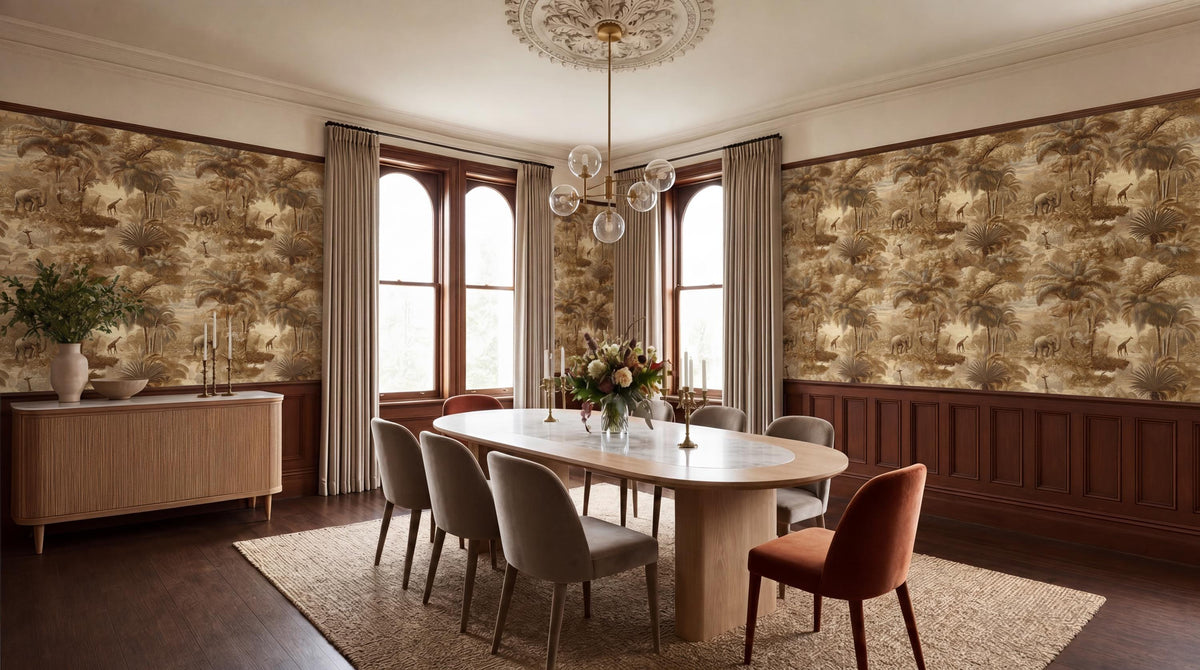 a spacious and elegantly decorated dining room with a large wooden table surrounded by plush chairs. The room features a chandelier, a large window with curtains, and a wooden cabinet. The walls are adorned with a patterned wallpaper, and the overall color scheme is neutral, with a touch of gold accents.