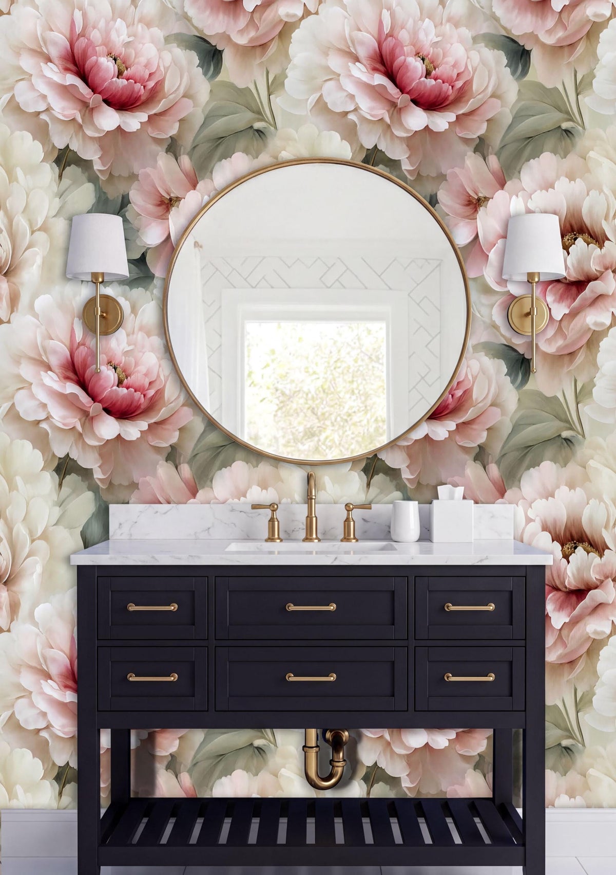 a bathroom vanity with a black cabinet and a round mirror above it, set against a wall with a floral wallpaper.
