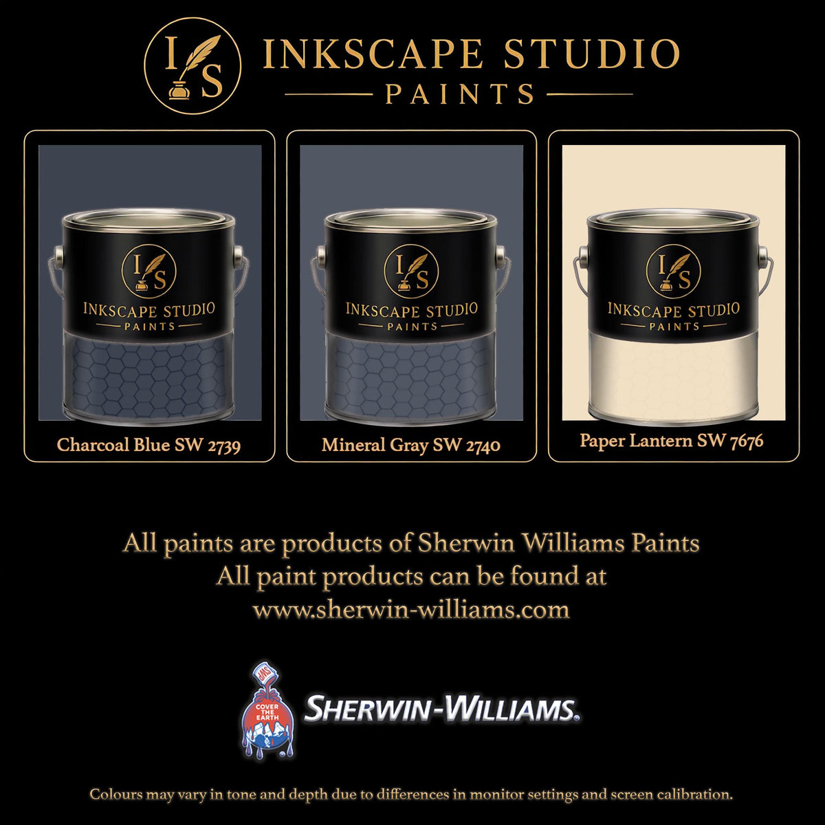 The image is an advertisement for Sherwin Williams paints, featuring three different paint colors: charcoal blue, mineral gray, and paper lantern. The text highlights that all paints are products of Sherwin Williams Paints, and the website www. Sherwin-Williams.com is provided for further information. The image also mentions that the colors may vary in tone and depth due to differences in monitor settings and screen calibration.