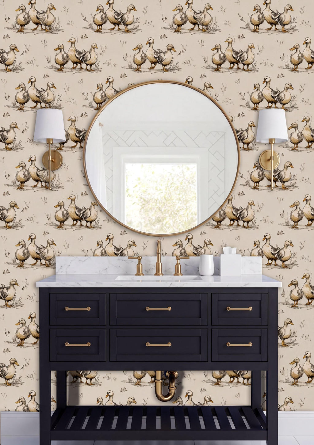 a bathroom vanity with a black cabinet and a round mirror above it. The wall behind the vanity has a repeating pattern of ducks, creating a cohesive design. There are two lamps on either side of the mirror, providing lighting for the space.