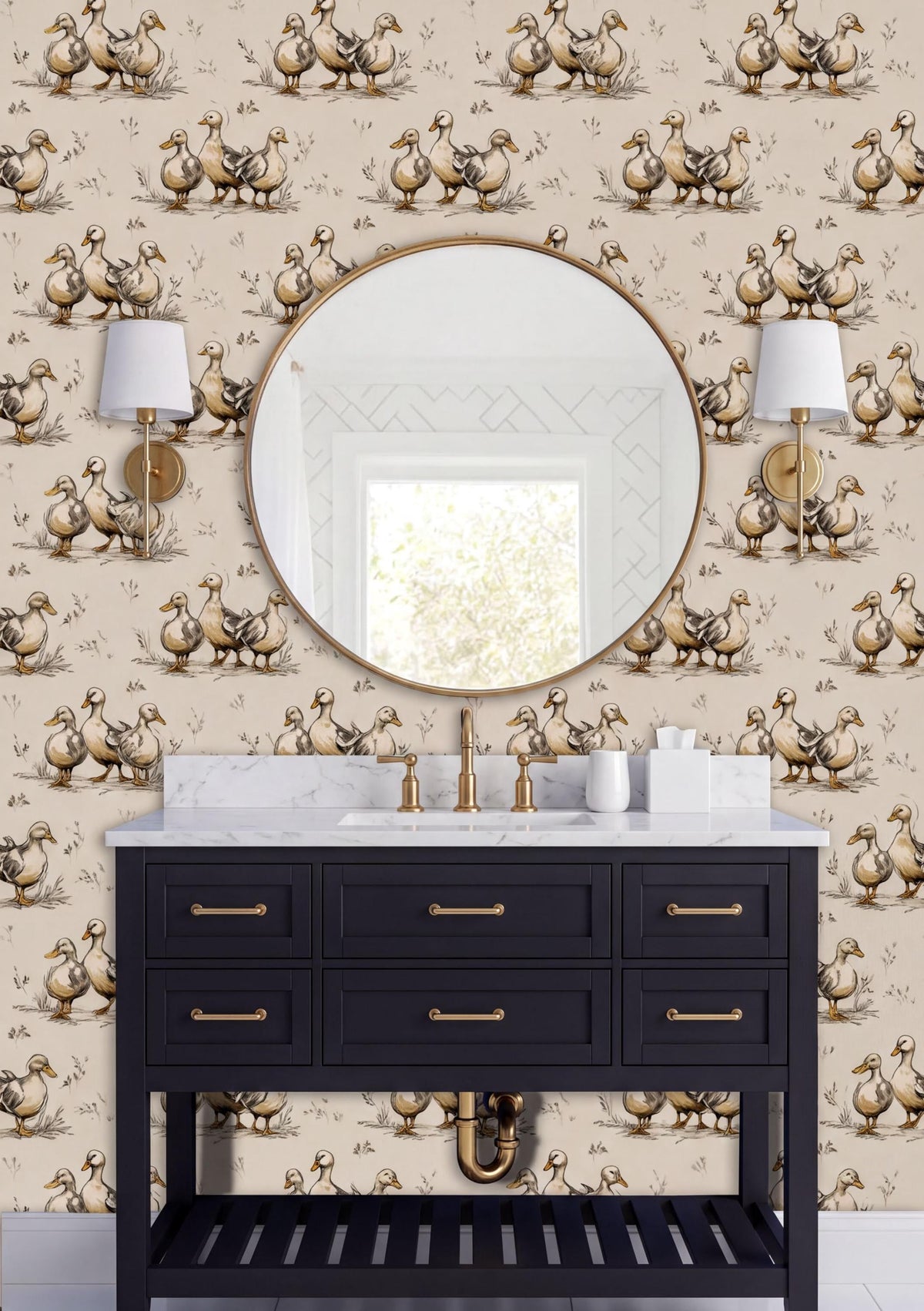 a bathroom vanity with a black cabinet and a round mirror above it. The wall behind the vanity has a repeating pattern of ducks, creating a cohesive design. There are two lamps on either side of the mirror, providing lighting for the space.