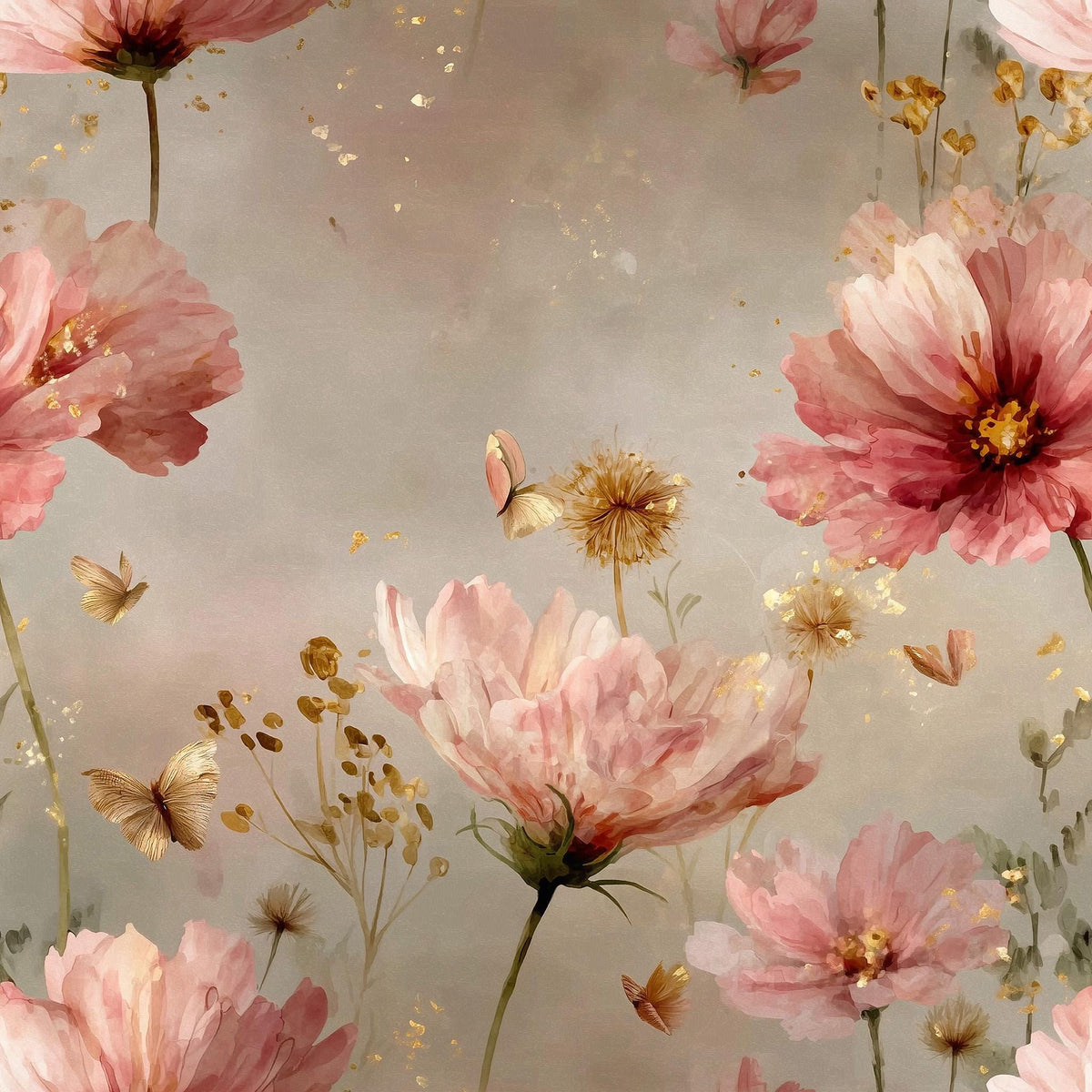 The image is a vibrant and colorful floral pattern featuring large pink flowers with delicate petals, surrounded by smaller yellow flowers and butterflies. The flowers are arranged in a repeating pattern, creating a sense of depth and movement. The overall color palette is a mix of soft pastel hues, with pops of yellow and gold adding contrast and visual interest.