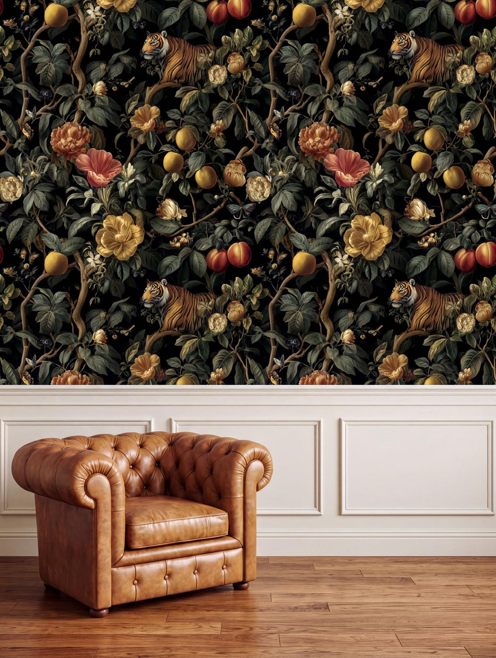 a large, vibrant wallpaper with a tiger and various fruits and flowers, including oranges, apples, and peaches, creating a lush and colorful scene. In the foreground, there is a brown leather armchair, and the background has a white wall with a panel design.