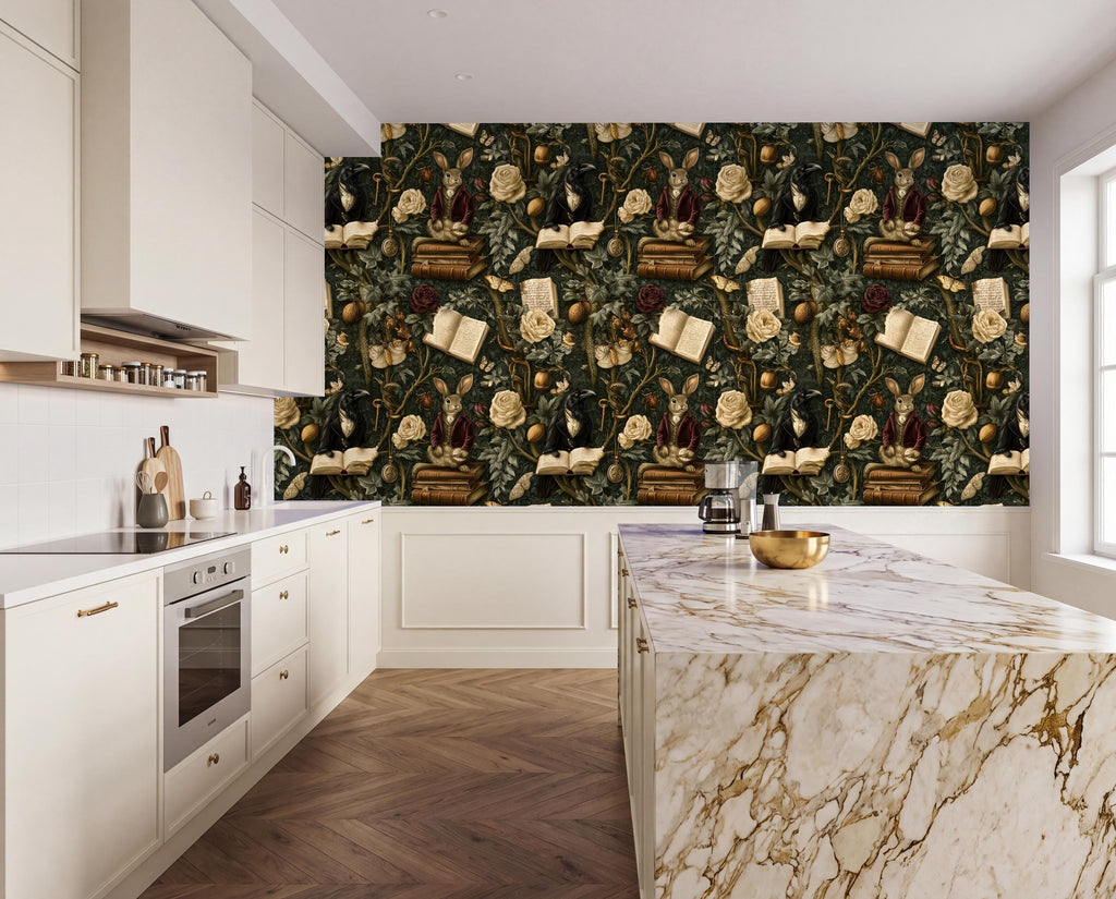 a modern kitchen with a large, ornate wallpaper featuring various objects such as books, vases, and other decorative items. The kitchen has white cabinets and a marble countertop, creating a luxurious and elegant atmosphere.