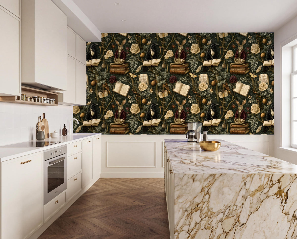 a modern kitchen with a large, ornate wallpaper featuring various objects such as books, vases, and other decorative items. The kitchen has white cabinets and a marble countertop, creating a luxurious and elegant atmosphere.