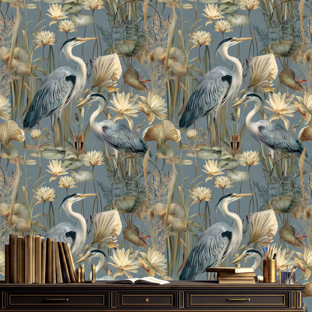 a wallpapered wall with a repeating pattern of blue herons and white flowers. On a wooden desk in the foreground, there are several books and a cup.