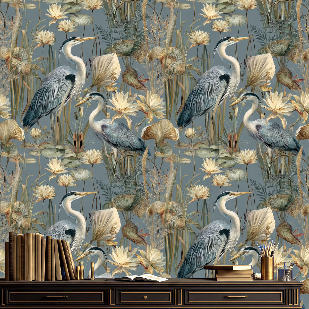a wallpapered wall with a repeating pattern of blue herons and white flowers. On a wooden desk in the foreground, there are several books and a cup.