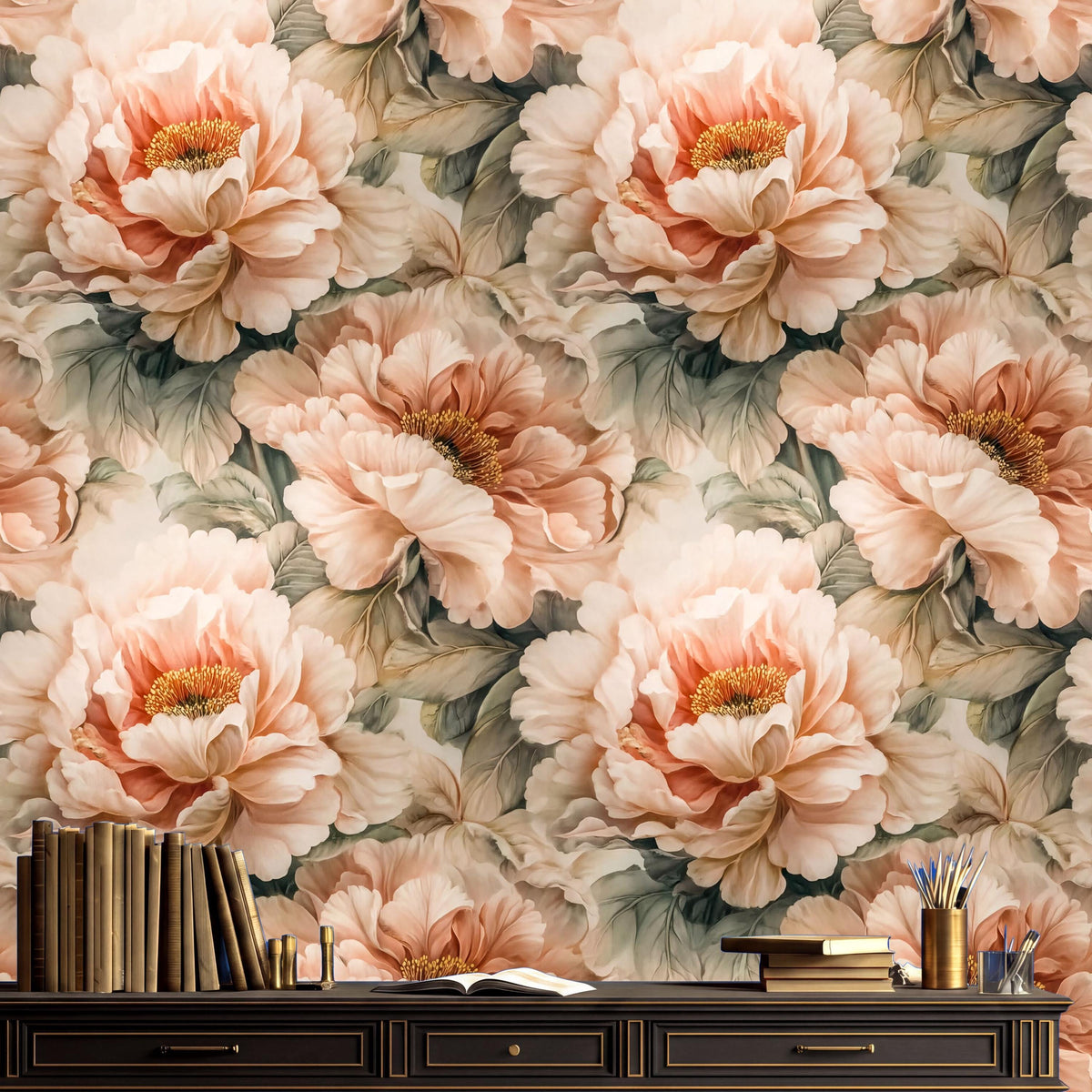 a wallpapered wall with a large floral pattern of peach-colored flowers, including peonies and lilies, creating a warm and inviting atmosphere. In front of the wall, there is a wooden shelf displaying several books and a small vase with pens and pencils.