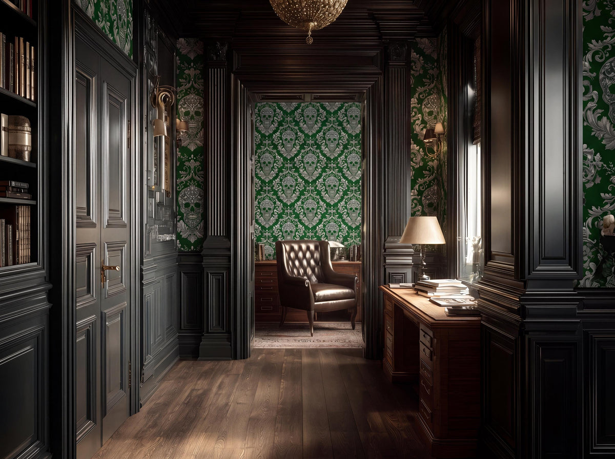 a luxurious and ornate room with dark wood paneling, green and white patterned wallpaper, and a chandelier hanging from the ceiling. The room features a desk with a lamp, a chair, and a bookshelf filled with books.