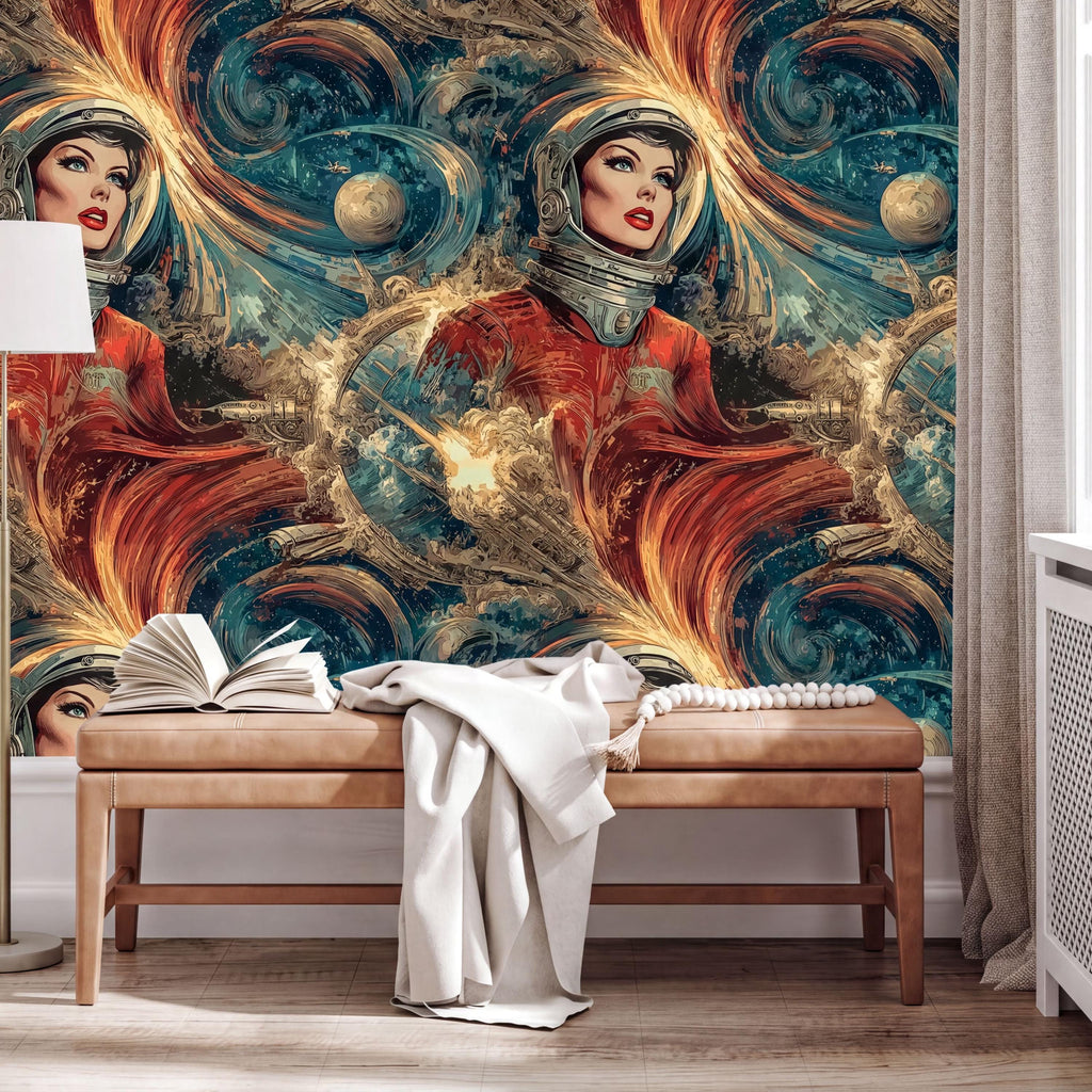 a vibrant, colorful mural depicting a woman in a space suit, with swirling cosmic elements and a large planet in the background. The mural is set against a wooden bench, and there is an open book and a white blanket on the bench.