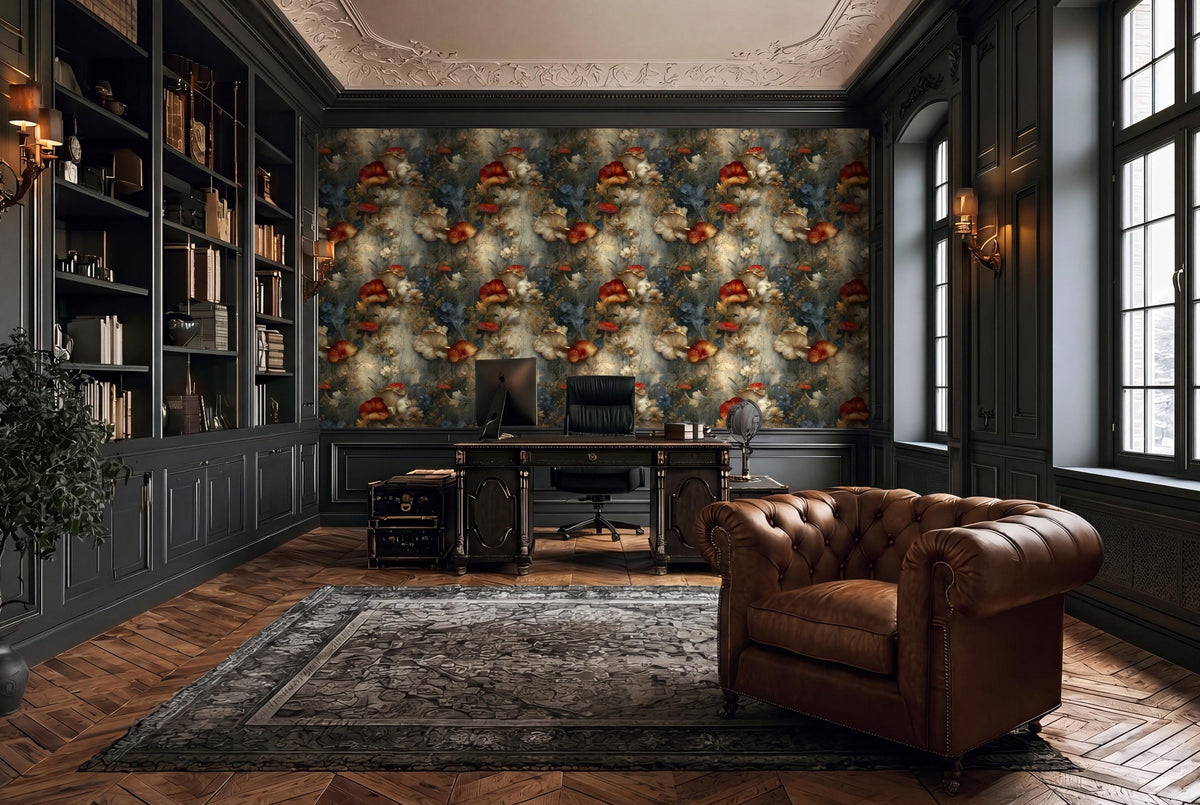 a luxurious and well-appointed home office with a large, ornate wallpaper featuring a floral pattern. The room is furnished with a tufted leather armchair, a wooden desk with a computer, and a large bookshelf filled with books. The room has a high ceiling with intricate molding and a large window that allows natural light to flood the space.