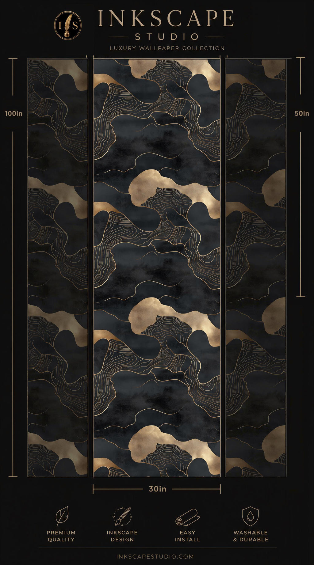 The image is a promotional poster for the INKSCAPE STUDIO luxury wallpaper collection. It features a repeating pattern of black and gold swirls and waves, creating a visually striking and luxurious design. The poster includes dimensions and features of the wallpaper, such as its easy installation and washable quality.