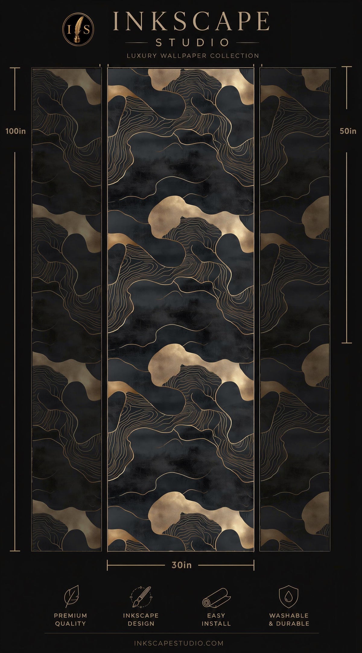 The image is a promotional poster for the INKSCAPE STUDIO luxury wallpaper collection. It features a repeating pattern of black and gold swirls and waves, creating a visually striking and luxurious design. The poster includes dimensions and features of the wallpaper, such as its easy installation and washable quality.