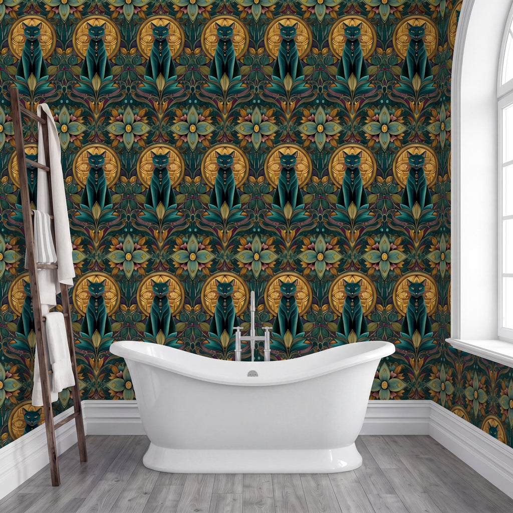 a bathroom with a white freestanding bathtub in the center, surrounded by a vibrant, repeating pattern of cats and flowers on the wall behind it.