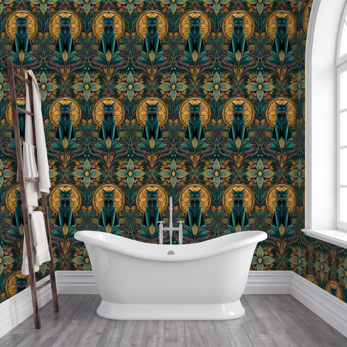 a bathroom with a white freestanding bathtub in the center, surrounded by a vibrant, repeating pattern of cats and flowers on the wall behind it.