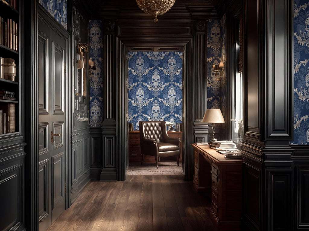 a luxurious and ornate hallway with dark wood paneling, a large chandelier, and a leather armchair. The walls are covered in blue and white patterned wallpaper, and the floor is made of wood. The hallway leads to a doorway that opens to another room, creating a sense of depth and continuity in the space.