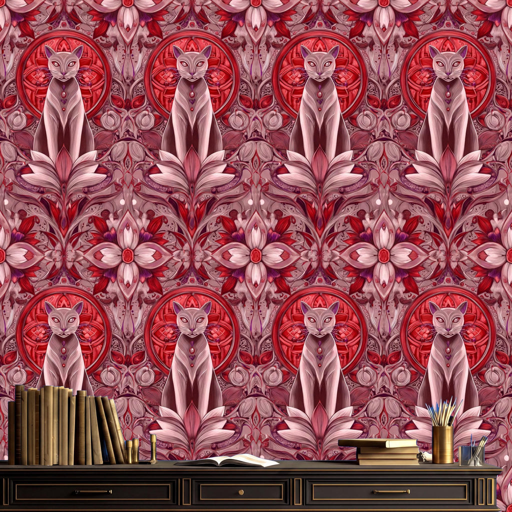 a vibrant, repeating pattern of pink and red floral designs on a wall, with several cats sitting amidst the flowers. In the foreground, there is a wooden desk with a stack of books and a vase of flowers.