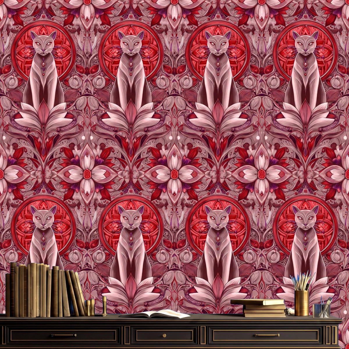 a vibrant, repeating pattern of pink and red floral designs on a wall, with several cats sitting amidst the flowers. In the foreground, there is a wooden desk with a stack of books and a vase of flowers.