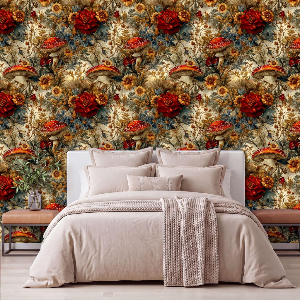 a bedroom with a large floral wallpaper behind a bed. The bed is dressed in a beige comforter and has several pillows. There is a wooden nightstand next to the bed, and a vase of flowers is placed on it. The overall color scheme of the room is predominantly neutral, with the floral wallpaper adding a touch of nature and warmth to the space.