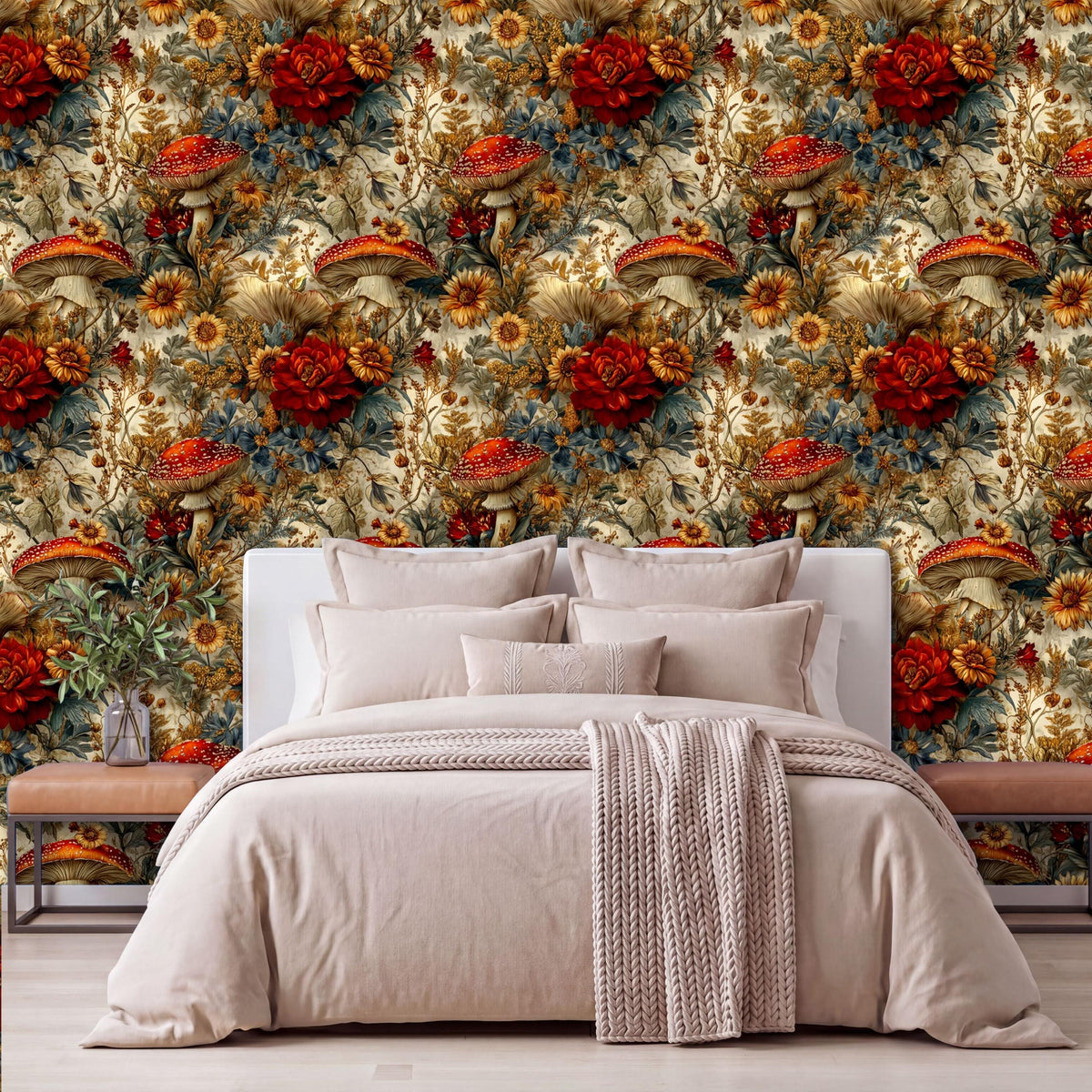a bedroom with a large floral wallpaper behind a bed. The bed is dressed in a beige comforter and has several pillows. There is a wooden nightstand next to the bed, and a vase of flowers is placed on it. The overall color scheme of the room is predominantly neutral, with the floral wallpaper adding a touch of nature and warmth to the space.
