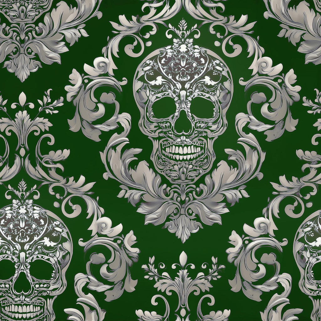 a repeating pattern of ornate, decorative skull designs against a dark green background. The skulls are intricately detailed and surrounded by elaborate floral and scroll designs, creating a visually striking and intricate design.