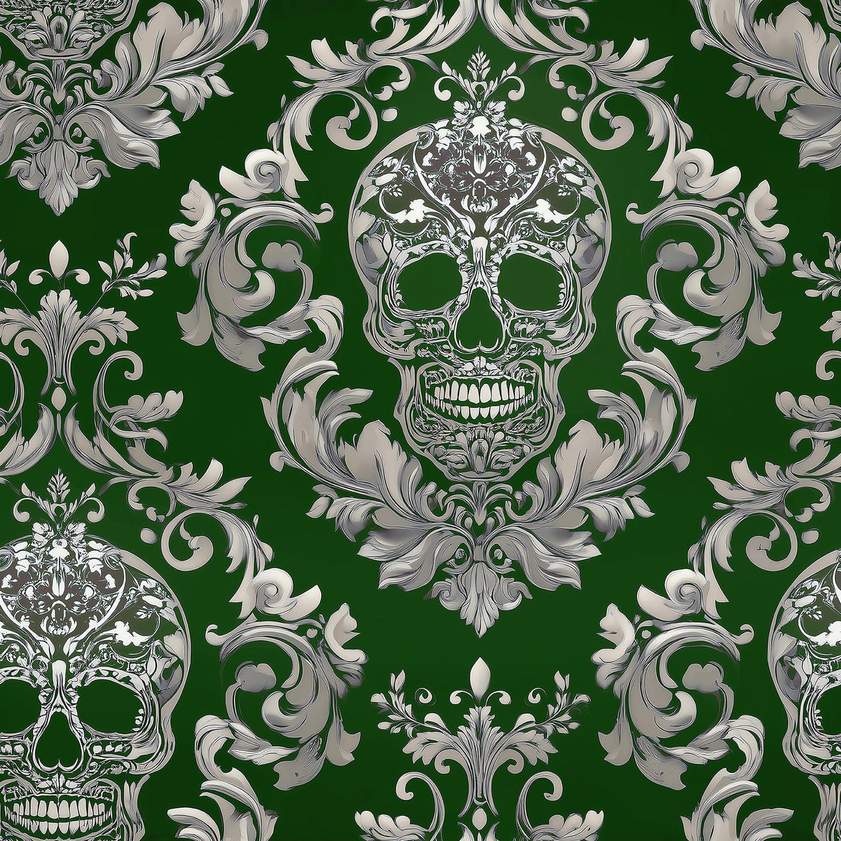 a repeating pattern of ornate, decorative skull designs against a dark green background. The skulls are intricately detailed and surrounded by elaborate floral and scroll designs, creating a visually striking and intricate design.