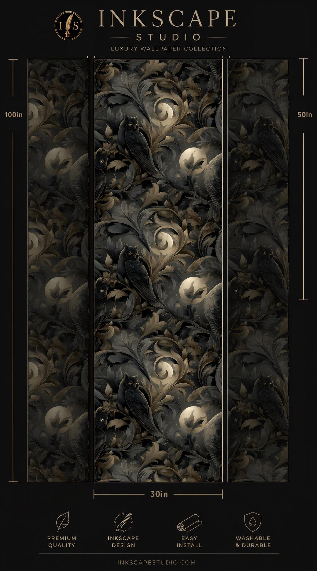 The image is a collage of three panels, each featuring a black owl design with a floral pattern. The owl designs are arranged in a repeating pattern across the panels, creating a visually striking and intricate design. The panels are set against a dark background, which emphasizes the black and gold color scheme. The image does not contain any text, and the owl designs are the main focus.