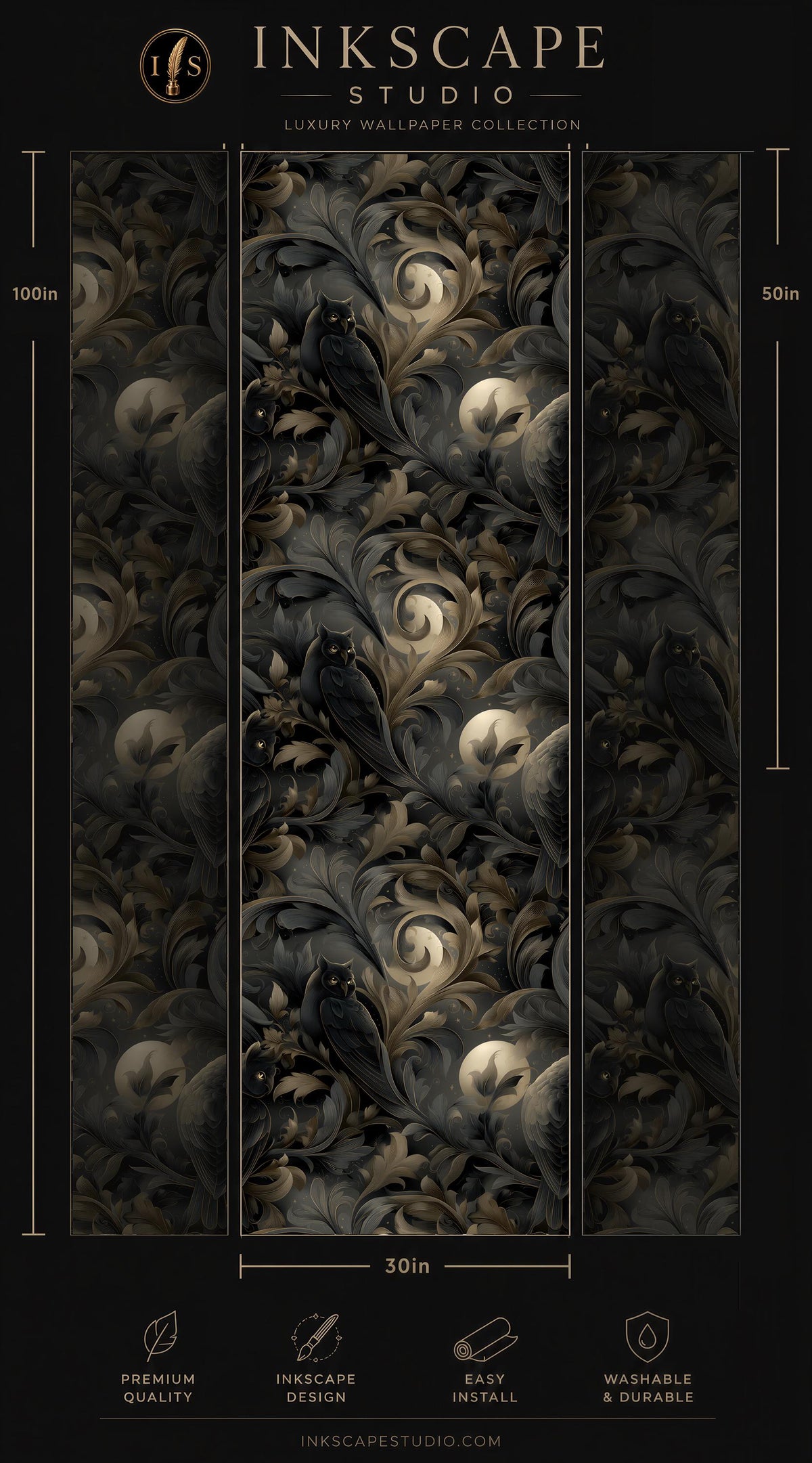 The image is a collage of three panels, each featuring a black owl design with a floral pattern. The owl designs are arranged in a repeating pattern across the panels, creating a visually striking and intricate design. The panels are set against a dark background, which emphasizes the black and gold color scheme. The image does not contain any text, and the owl designs are the main focus.