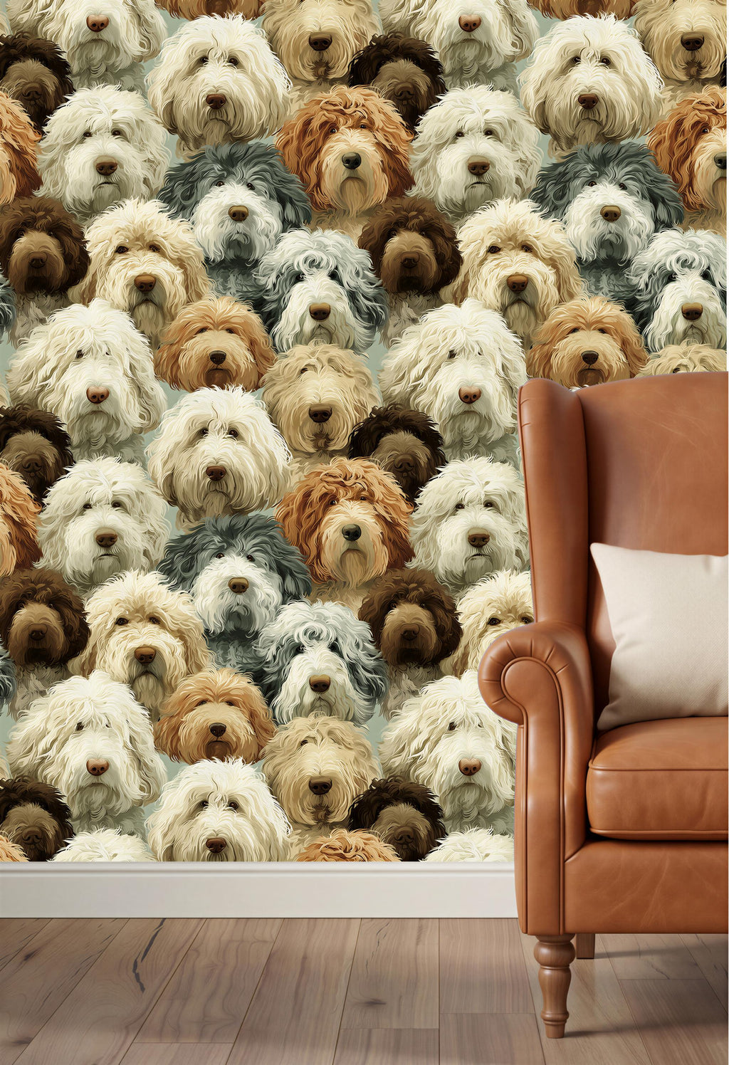 a wallpapered wall with a collage of various dog breeds, including poodles, golden retrievers, and other breeds, all facing the same direction. In the background, there is a brown leather armchair.