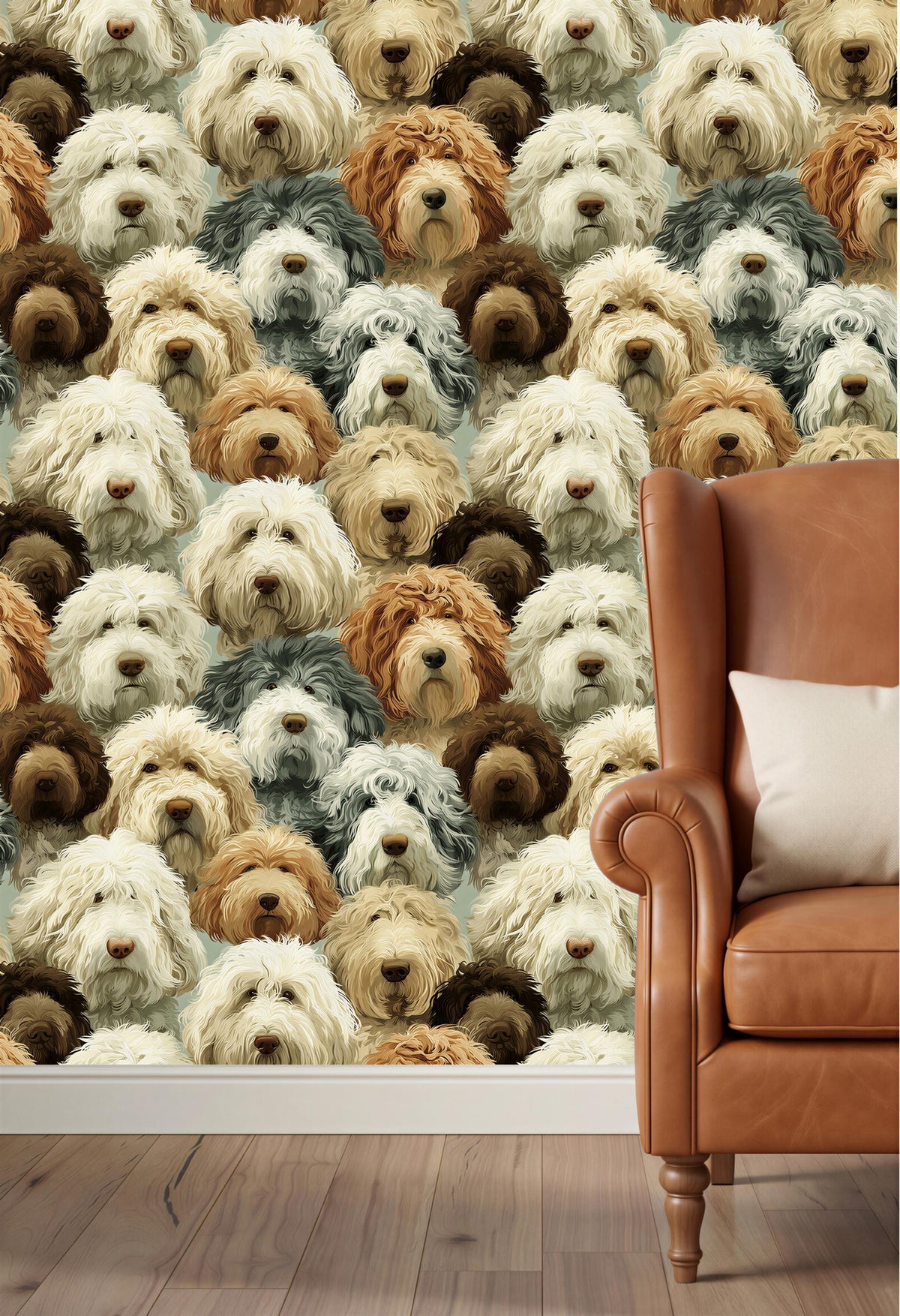 a wallpapered wall with a collage of various dog breeds, including poodles, golden retrievers, and other breeds, all facing the same direction. In the background, there is a brown leather armchair.