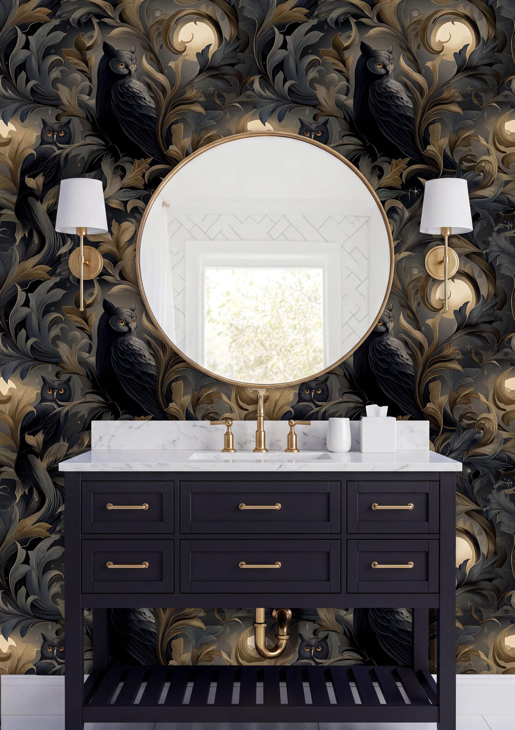 a bathroom vanity with a black and gold color scheme, including a black cabinet, a round mirror, and two white lamps. The wall behind the vanity has a dark, ornate wallpaper with a repeating pattern of black owls and gold accents.