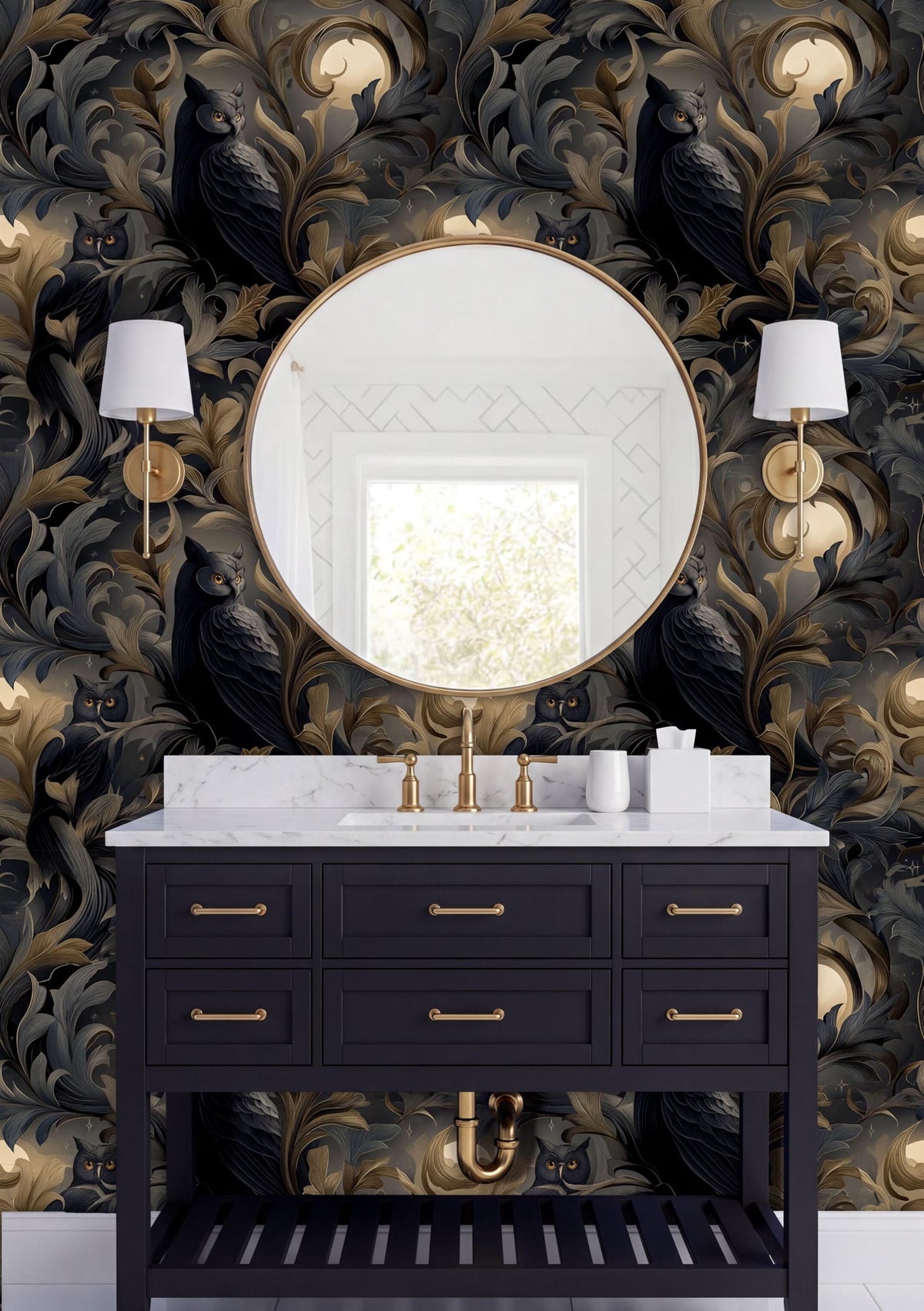 a bathroom vanity with a black and gold color scheme, including a black cabinet, a round mirror, and two white lamps. The wall behind the vanity has a dark, ornate wallpaper with a repeating pattern of black owls and gold accents.