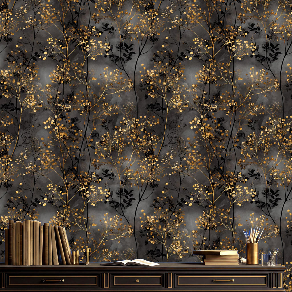a dark, ornate wallpaper with a gold leaf pattern, creating a luxurious and sophisticated atmosphere. On a dark wooden dresser, there are several books, a vase, and a pair of glasses, suggesting a well-organized and intellectual setting.