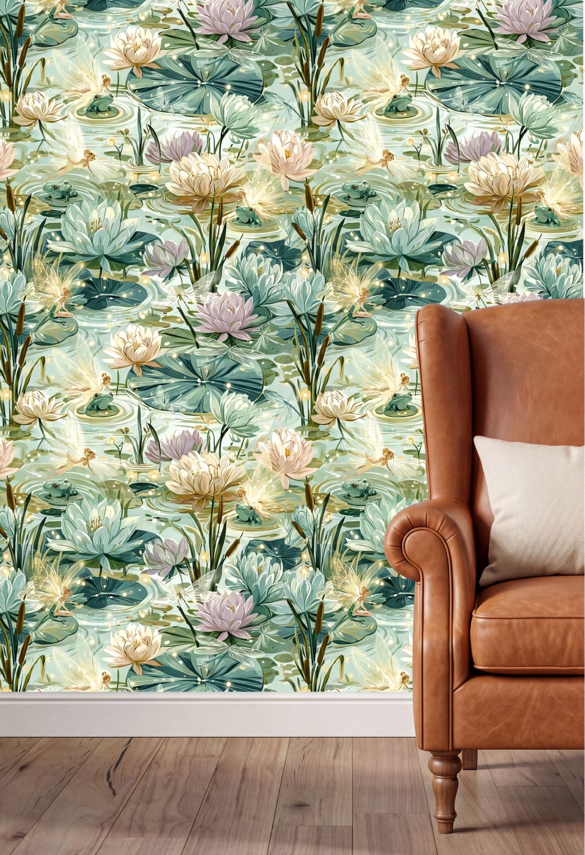 a wallpapered wall with a vibrant floral pattern, including various types of flowers and plants, creating a lush and colorful backdrop. In the foreground, there is a brown leather armchair with a white pillow, adding a touch of elegance and comfort to the scene.