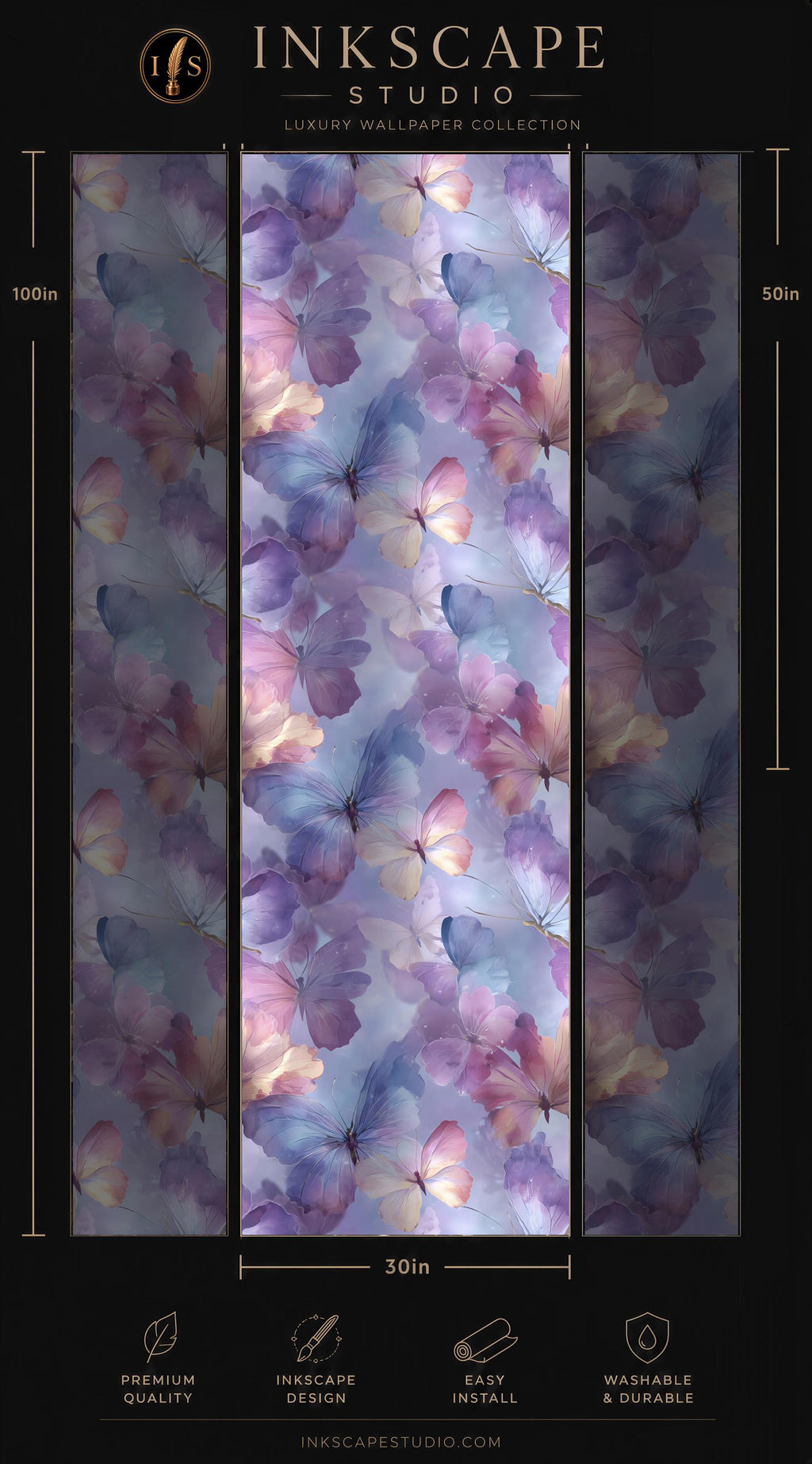 The image is a collage of three panels, each featuring a repeating pattern of purple and pink flowers. The panels are arranged in a vertical format, with the largest panel at the top and the smallest at the bottom. The image is described as a luxury wallpaper collection, and it is 30 inches wide. The panels are designed to be easy to install and maintain.