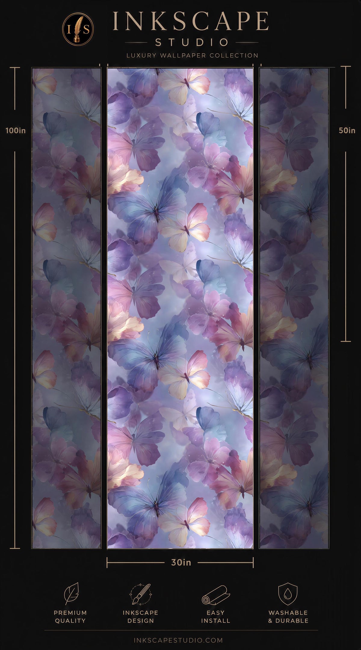 The image is a collage of three panels, each featuring a repeating pattern of purple and pink flowers. The panels are arranged in a vertical format, with the largest panel at the top and the smallest at the bottom. The image is described as a luxury wallpaper collection, and it is 30 inches wide. The panels are designed to be easy to install and maintain.