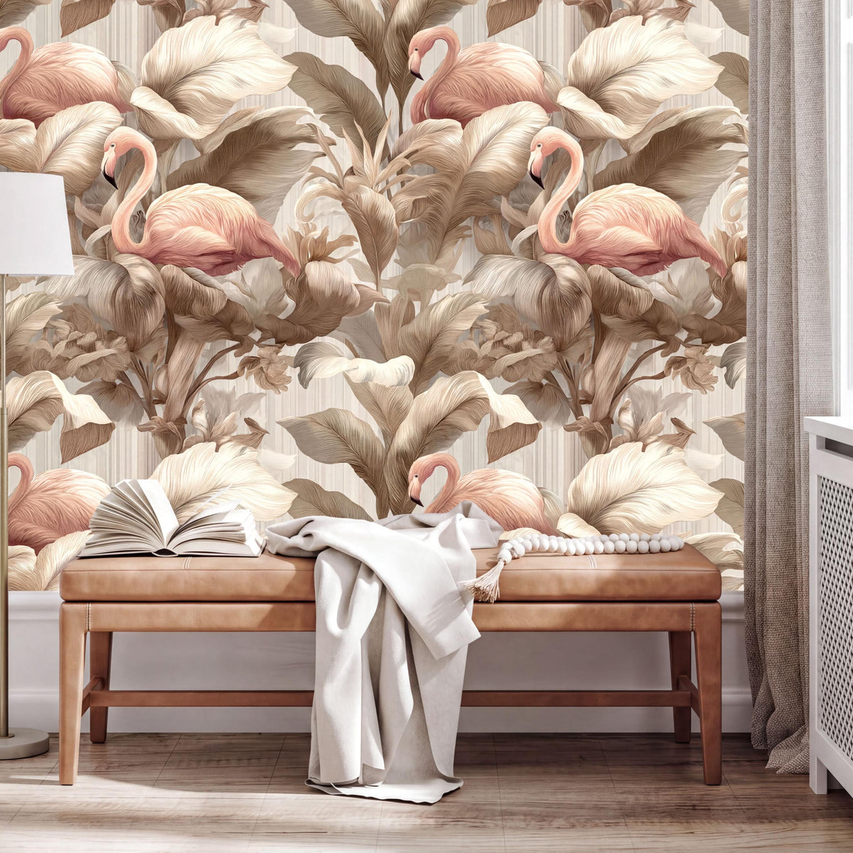 a large wallpapered wall with a vibrant floral pattern, including pink flamingos and leaves. In front of the wall, there is a wooden bench with an open book and a white blanket draped over it.