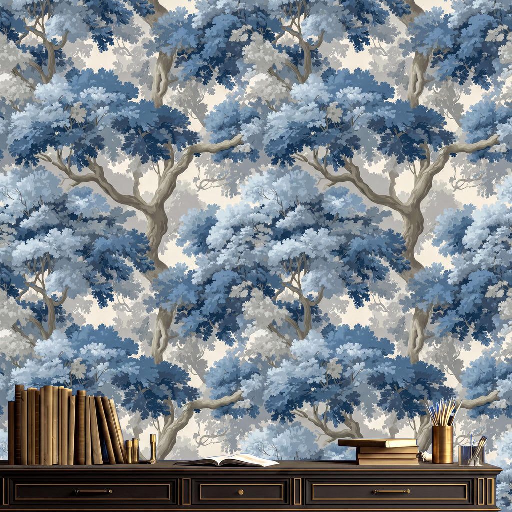 a bookshelf with several books on it, set against a backdrop of a blue and white wallpaper pattern that resembles a forest or a tree.