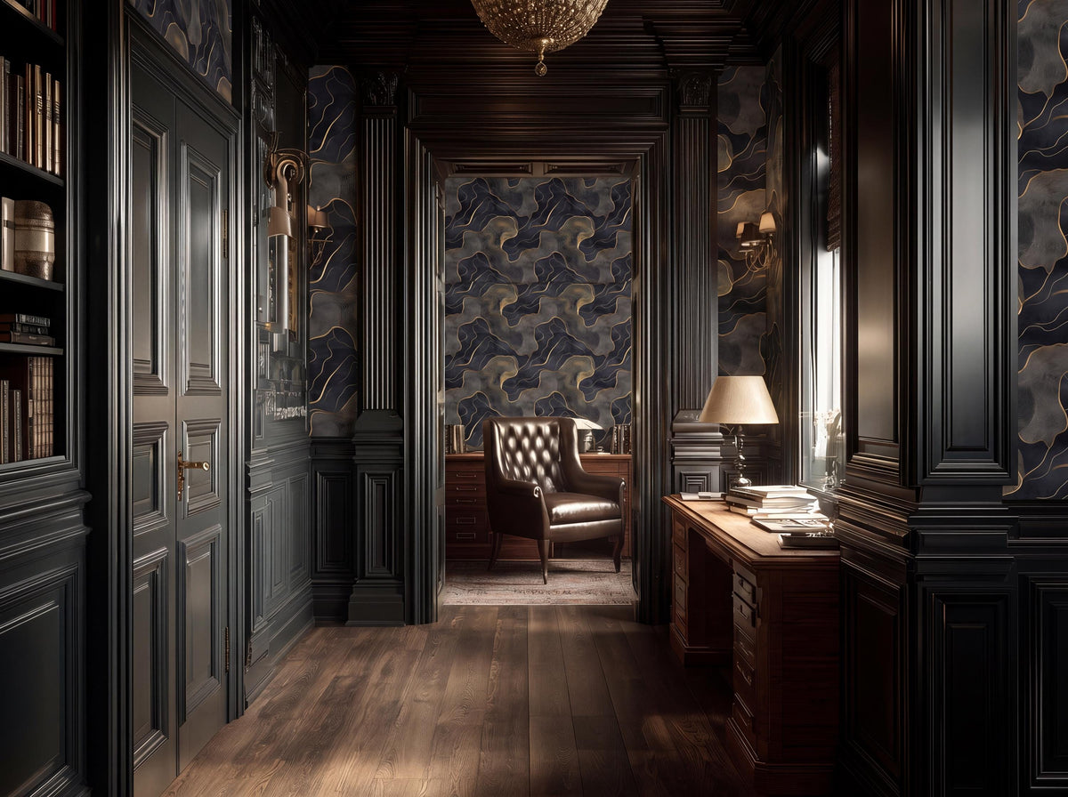 a luxurious and elegant room with dark wood paneling, a plush leather armchair, and a desk with a lamp. The room has a high ceiling with a chandelier, and the walls are adorned with a patterned wallpaper. The overall atmosphere of the room is sophisticated and inviting.