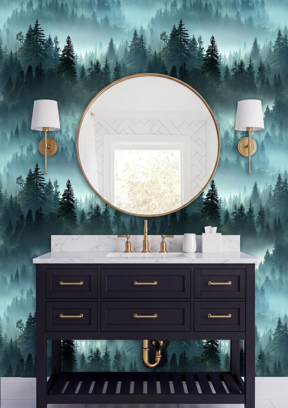 a bathroom with a black vanity and a round mirror above it, set against a wallpaper with a forest scene. The room has two wall sconces on either side of the mirror, and the overall color scheme is a combination of green and blue.