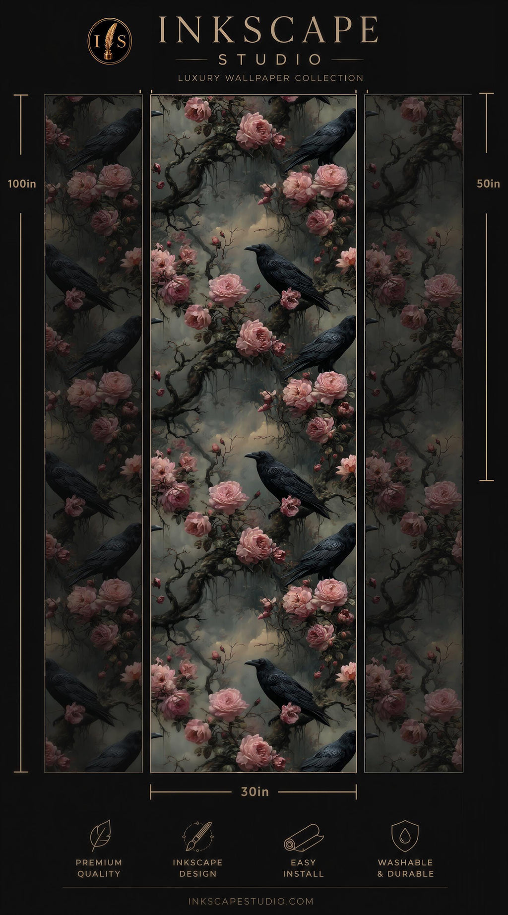 The image is a wallpaper design featuring a repeating pattern of black crows perched on branches with pink flowers. The design is a part of the "LUXURY WALLPAPER COLLECTION" by Inkscape Studio, as indicated by the text at the top of the image. The wallpaper is described as "30in" in size and "PREMIUM QUALITY" in terms of its visual appeal and durability. The image is also described as "EASY TO INSTALL" and "WASBLE & DURABLE" in terms of its installation and maintenance.
