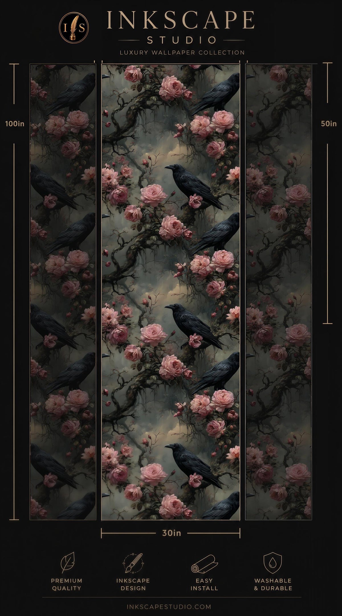 The image is a wallpaper design featuring a repeating pattern of black crows perched on branches with pink flowers. The design is a part of the "LUXURY WALLPAPER COLLECTION" by Inkscape Studio, as indicated by the text at the top of the image. The wallpaper is described as "30in" in size and "PREMIUM QUALITY" in terms of its visual appeal and durability. The image is also described as "EASY TO INSTALL" and "WASBLE & DURABLE" in terms of its installation and maintenance.