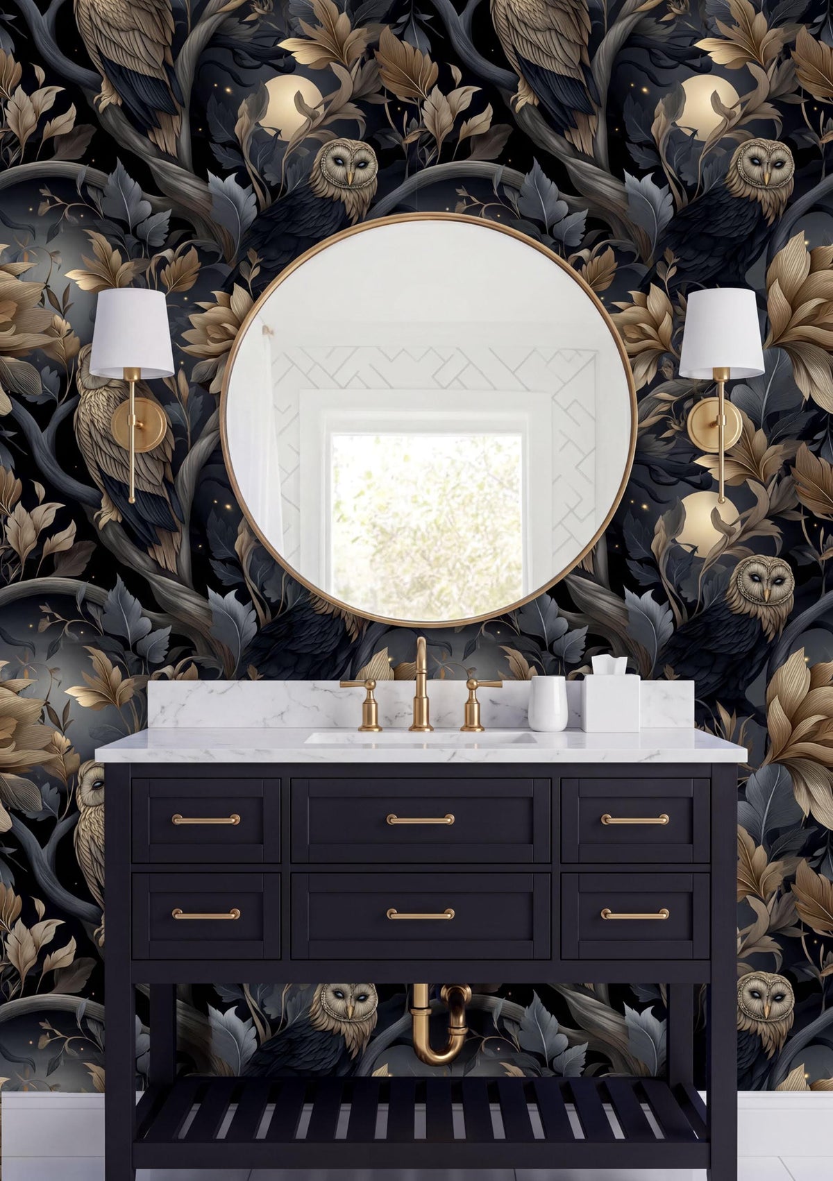 a bathroom vanity with a black cabinet, a round mirror, and two wall sconces. The wall behind the vanity is covered in a dark, ornate wallpaper with gold and black floral patterns.