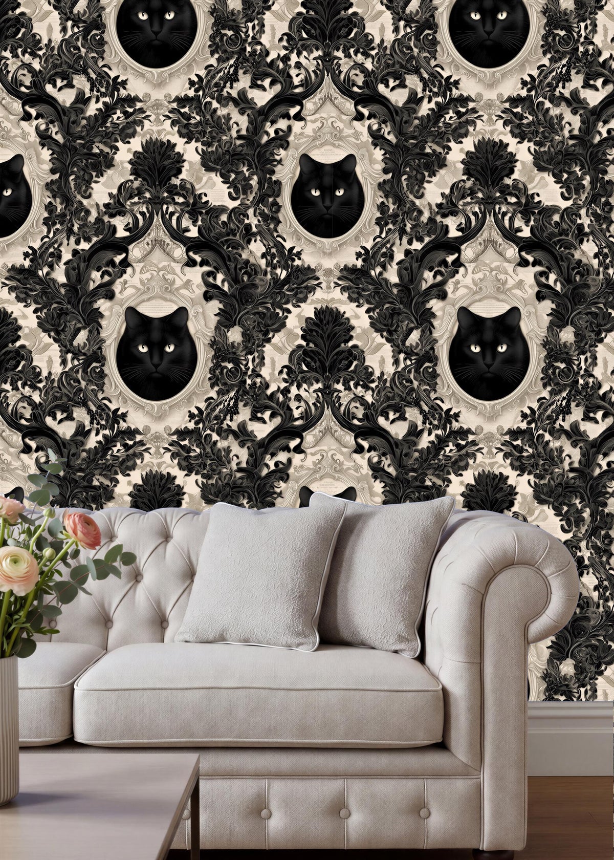 a living room with a white tufted sofa and a vase of flowers on a table. The wall behind the sofa has a repeating pattern of black and white cats in ornate frames, creating a striking and visually appealing design.