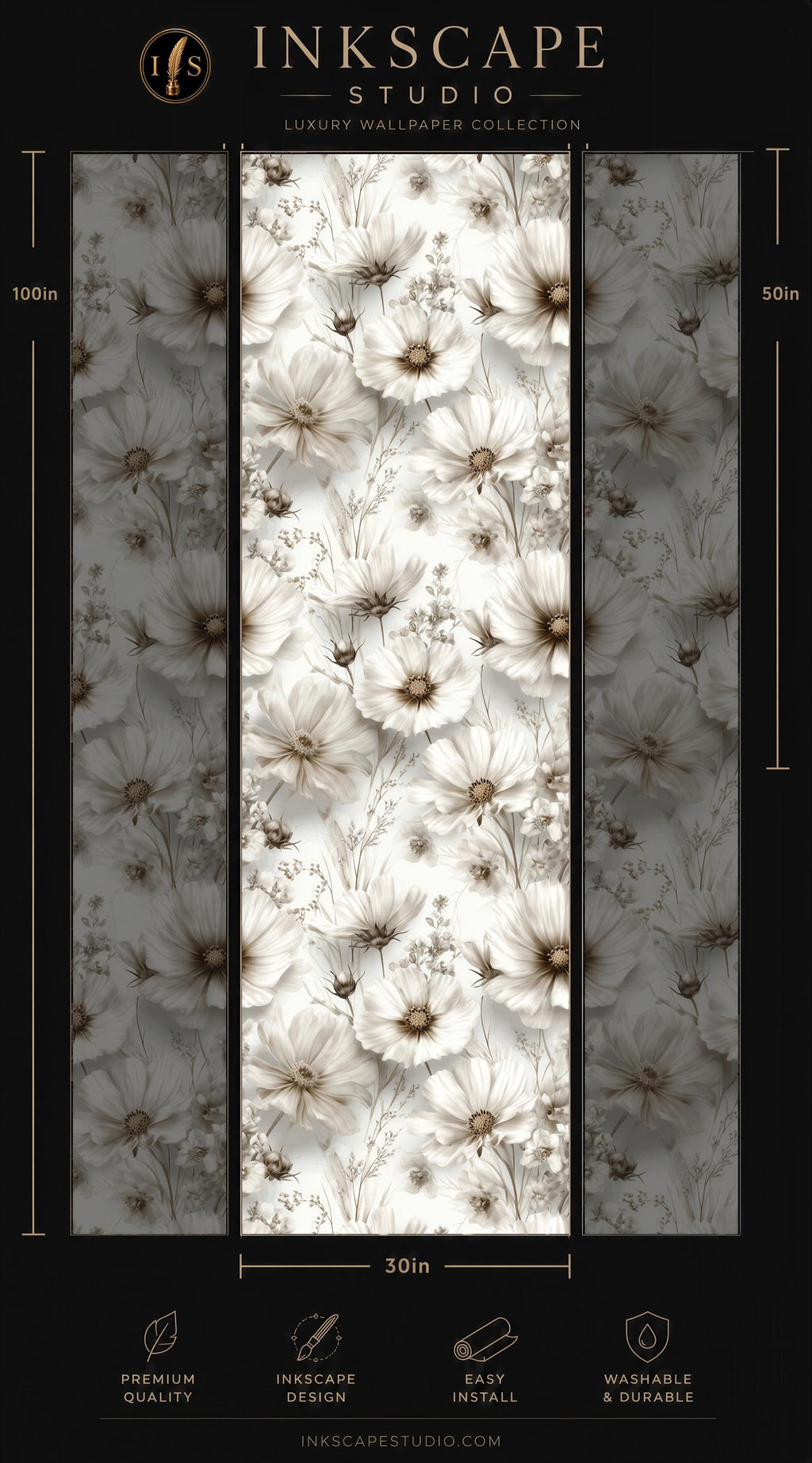 The image is a collage of three images, each depicting a floral pattern in white and gold colors. The collage is titled "INScape Studio" and includes a "Premium Wallpaper Collection" and dimensions of "30in" for each panel. The collage is designed to showcase the beauty and elegance of the floral patterns.