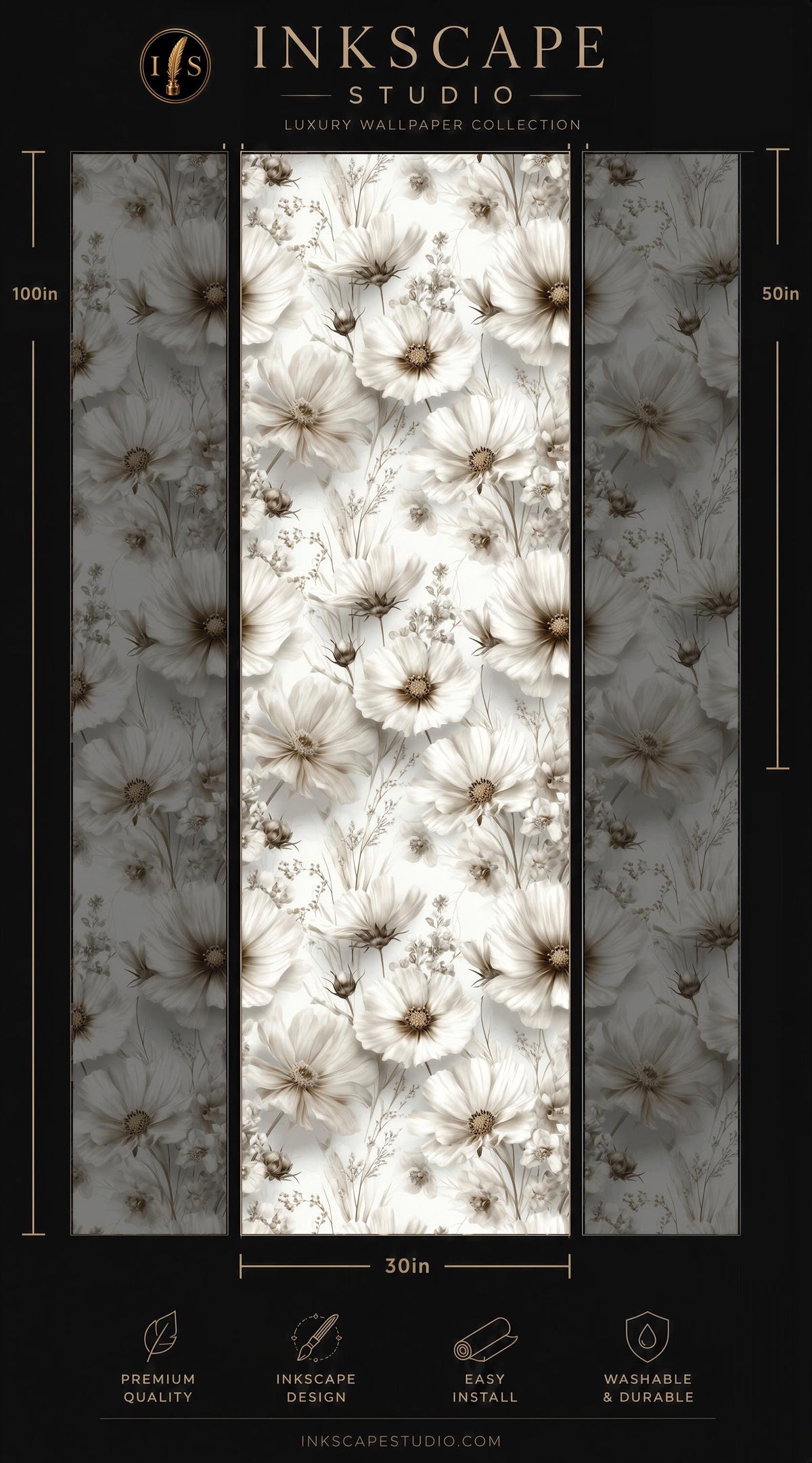 The image is a collage of three images, each depicting a floral pattern in white and gold colors. The collage is titled "INScape Studio" and includes a "Premium Wallpaper Collection" and dimensions of "30in" for each panel. The collage is designed to showcase the beauty and elegance of the floral patterns.