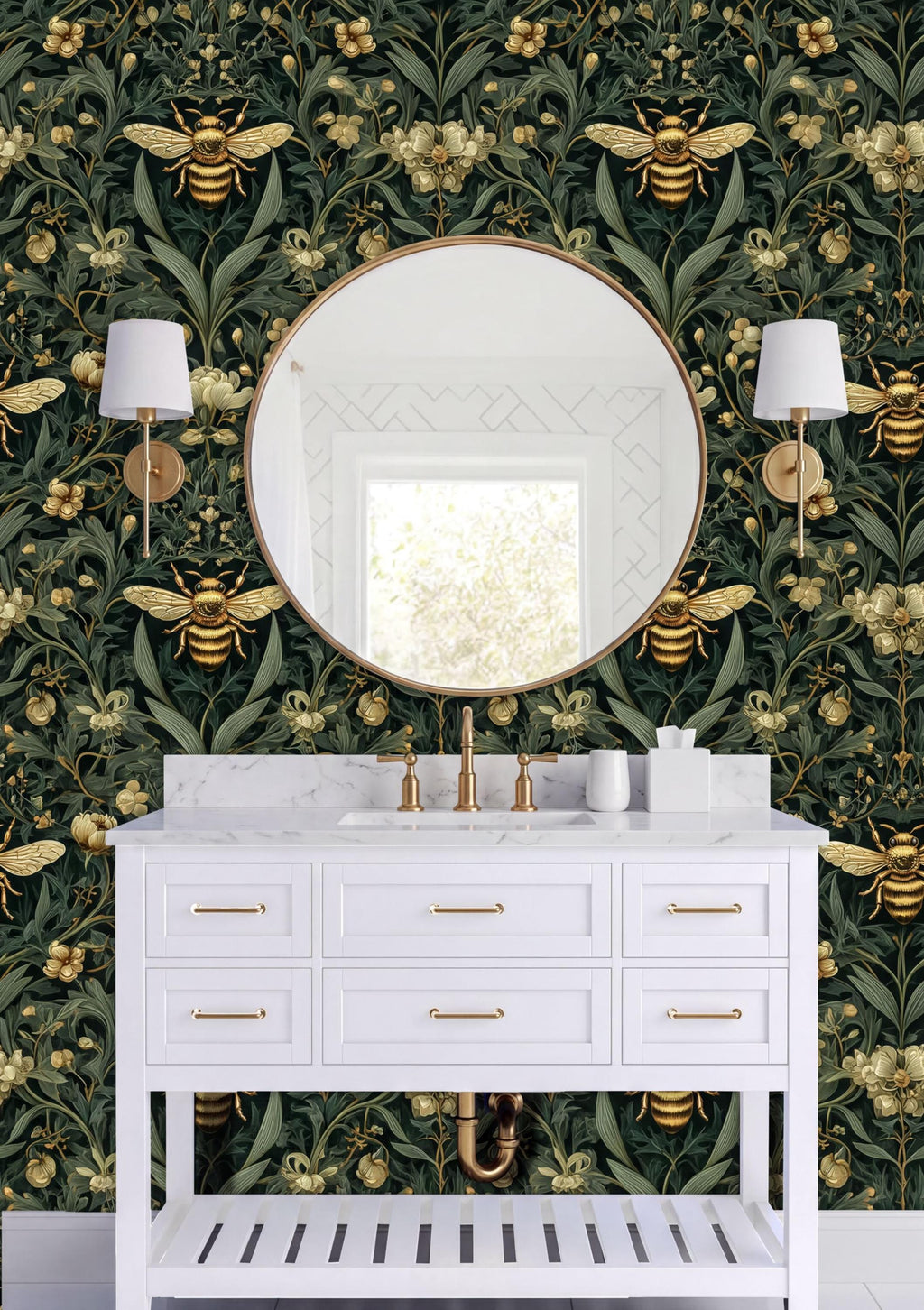 a bathroom vanity with a white countertop, a round mirror, and two white wall sconces. The wall behind the vanity has a green and gold floral wallpaper with gold bees and flowers.