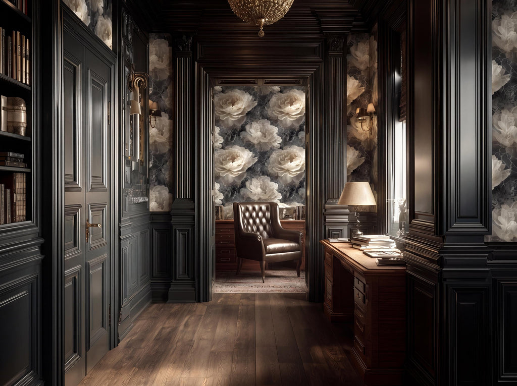 a luxurious and elegant room with dark wood paneling, a floral wallpaper, and a chandelier hanging from the ceiling. The room features a leather armchair, a wooden desk with a lamp, and a bookshelf filled with books.