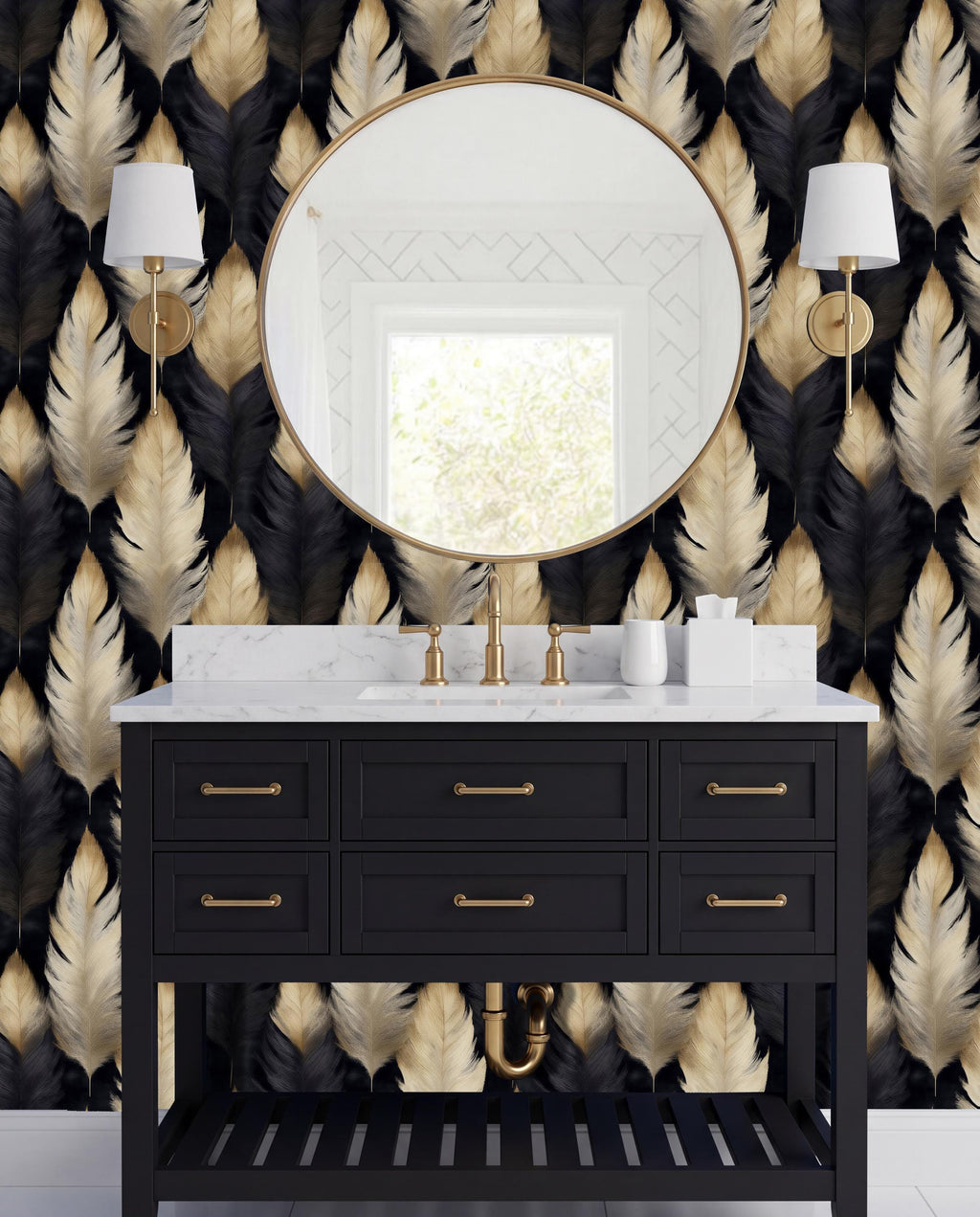 a bathroom vanity with a black cabinet, a round mirror, and two wall sconces. The vanity has a white countertop and gold hardware. The wall behind the vanity has a black and gold feather-patterned wallpaper.