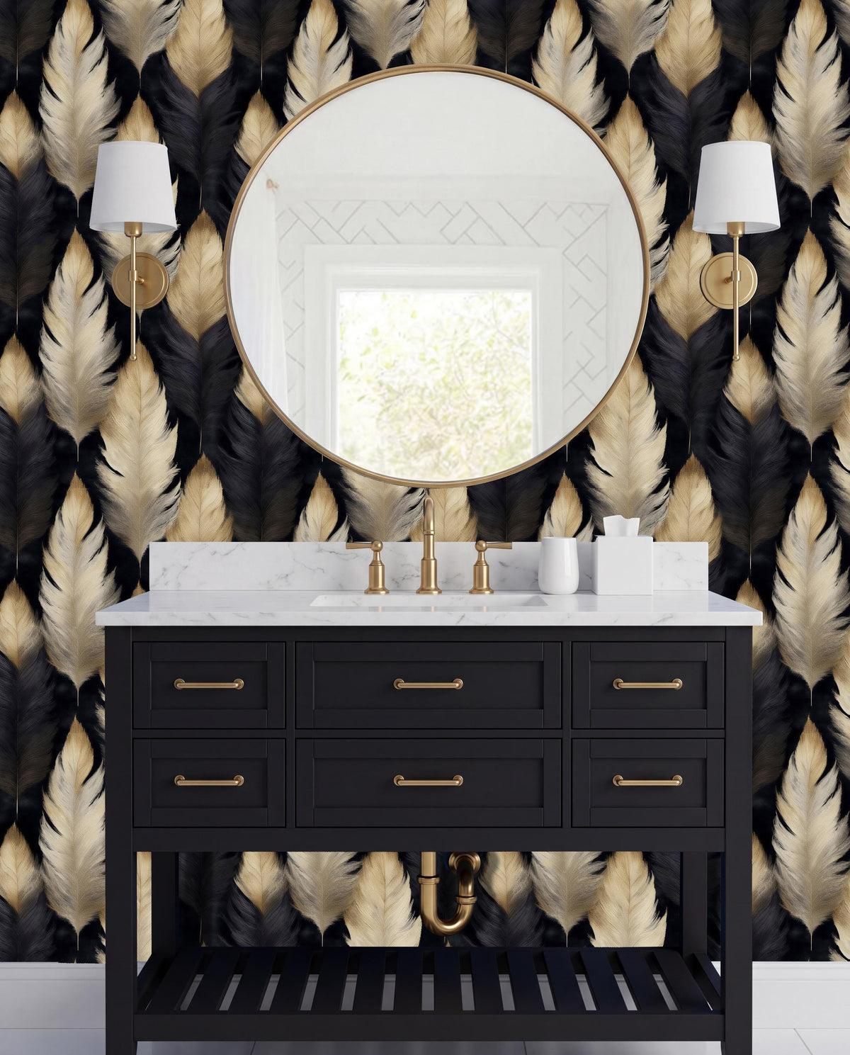 a bathroom vanity with a black cabinet, a round mirror, and two wall sconces. The vanity has a white countertop and gold hardware. The wall behind the vanity has a black and gold feather-patterned wallpaper.